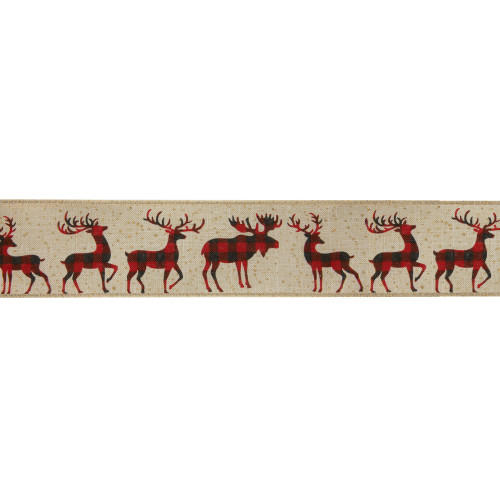 Beige and Red Plaid Buffalo with Reindeer Christmas Wired Craft Ribbon 2.5" x 16 Yards - IMAGE 1