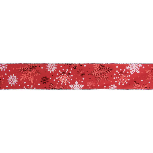 Metallic Red and White Snowflakes Wired Christmas Craft Ribbon 2.5" x 16 Yards - IMAGE 1