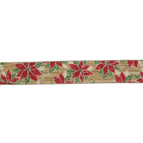 Red and Green Poinsettia Christmas Wired Craft Ribbon 2.5" x 16 Yards - IMAGE 1