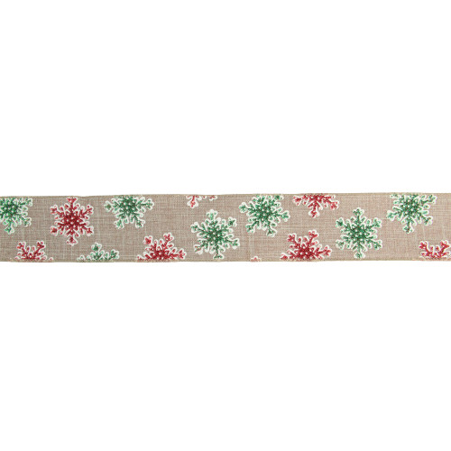 Red and Green Snowflake Burlap Christmas Wired Craft Ribbon 2.5" x 16 Yards - IMAGE 1
