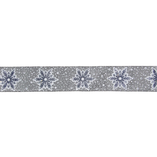 Gray and White Glitter Snowflake Christmas Wired Craft Ribbon 2.5" x 16 Yards - IMAGE 1