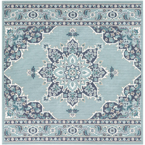 7.25' Traditional Style Teal Blue and White Square Area Throw Rug - IMAGE 1