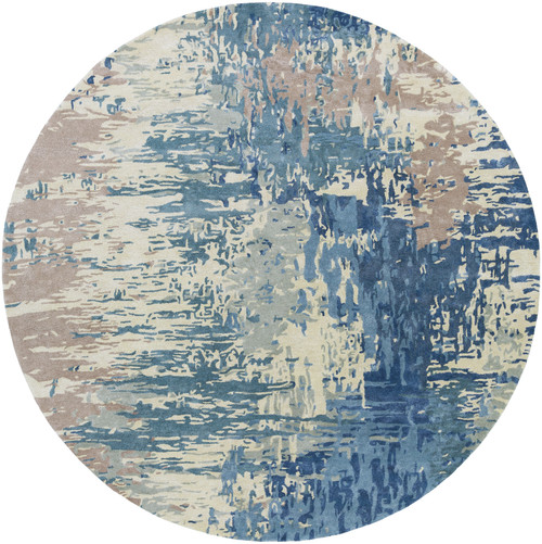 8' Abstract Blue and Beige Round Area Throw Rug - IMAGE 1