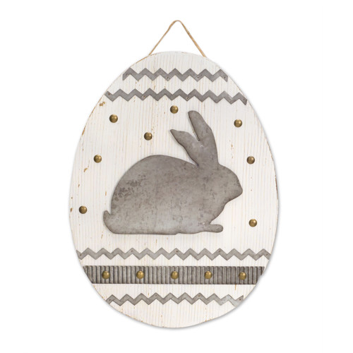 15" White and Gray Bunny Rabbit Egg Shaped Easter Plaque - IMAGE 1