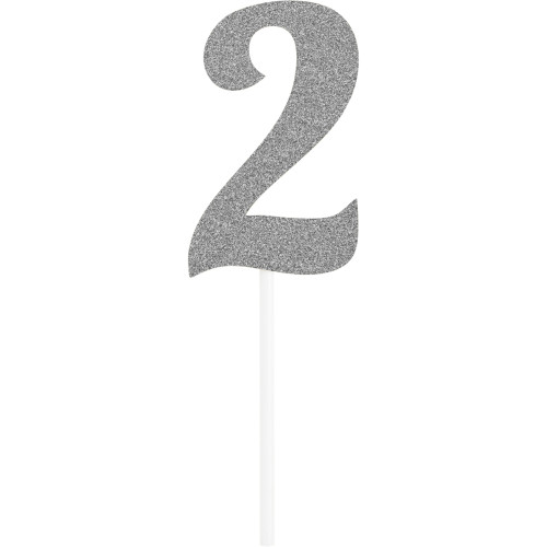 Club pack of 12 Glittered Silver '2' Party Cake Dessert Toppers 6” - IMAGE 1