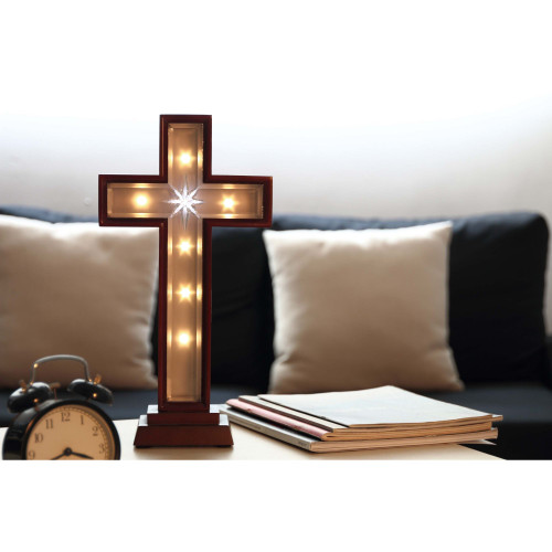 Brown and Cream White Star Cross LED Lighted Tabletop Decor 17.25" - IMAGE 1