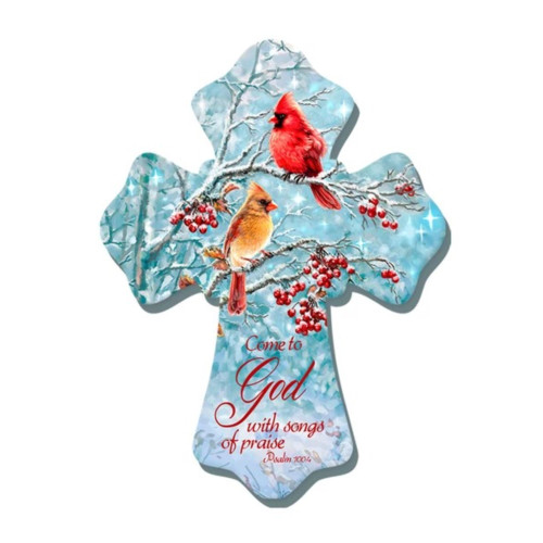 8" Blue and Red Winter Cardinal Birds Biblical Quoted Wall Cross - IMAGE 1