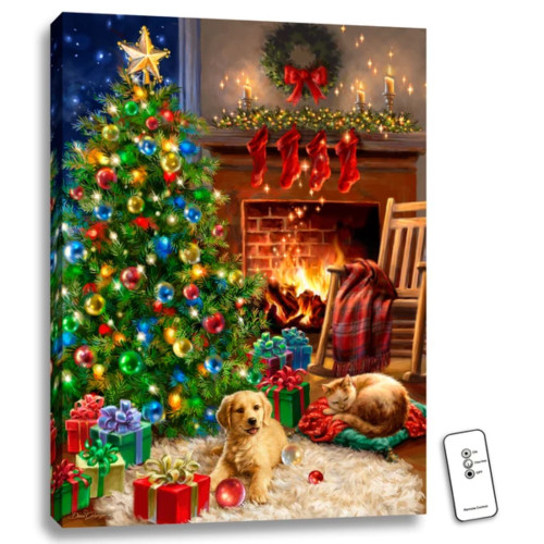 24" x 18" Green and Brown Cozy Christmas Back-Lit Wall Art with Remote Control - IMAGE 1