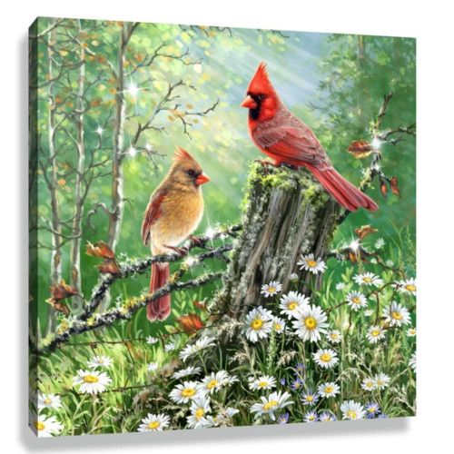 10" x 10" Green and Brown Cardinals In The Meadow Embellished Pizazz Wall Art - IMAGE 1