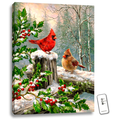 24" x 18" Green and White Winter Birds Back-lit Wall Art with Remote Control - IMAGE 1