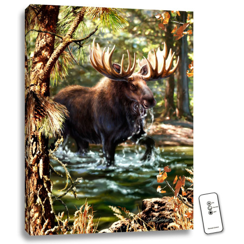 24" x 18" Brown and Green Moose Crossing Backlit LED Wall Art with Remote Control - IMAGE 1