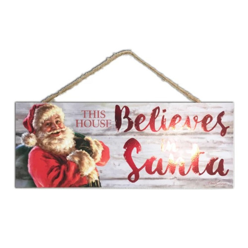 Red and White Santa Printed Rectangular Christmas Wall Sign with Rope Hanger 4" x 10" - IMAGE 1