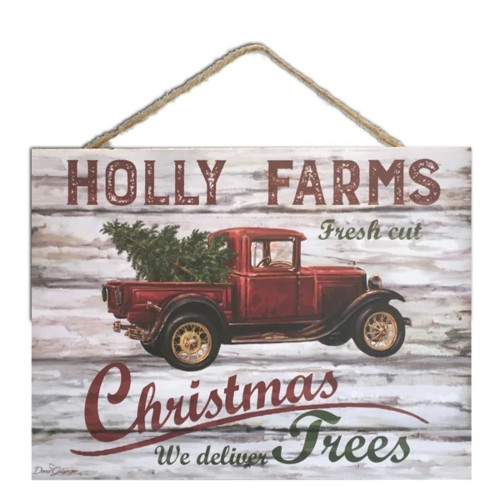 Cream White and Red Holly Farms Rectangular Sign with Rope Hanger 7" x 10" - IMAGE 1