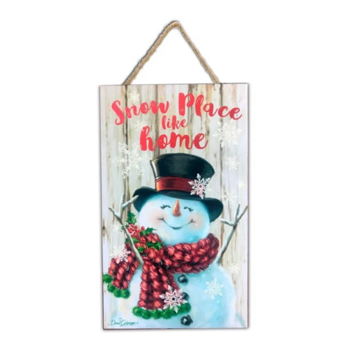 White and Red Snowman Printed Rectangular Christmas Wall Sign with Rope Hanger 10" x 6" - IMAGE 1
