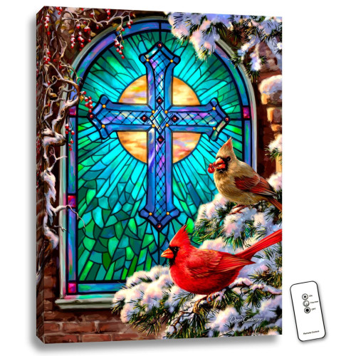 24" x 18" Blue and Brown Cardinals Stained Glass Backlit LED Wall Art with Remote Control - IMAGE 1