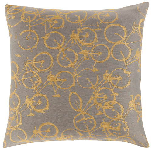 18" Yellow and Charcoal Gray Cycle Printed Square Throw Pillow Cover - IMAGE 1