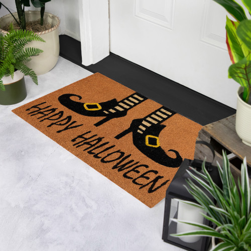 Wicked Witch Shoes Happy Halloween Coir Outdoor Doormat - 30" - Orange and Black - IMAGE 1