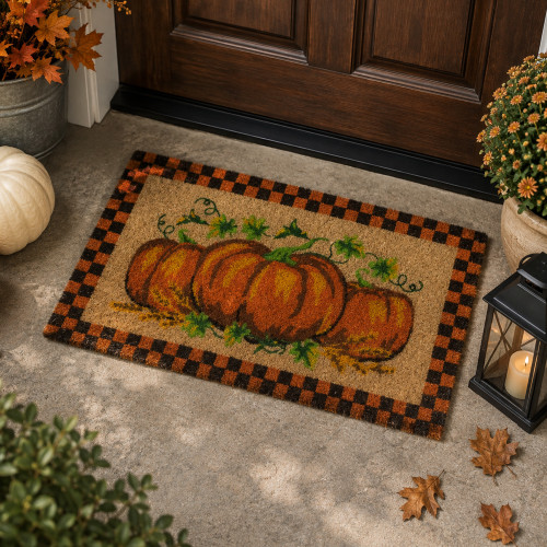 Checkered Fall Harvest Pumpkin Doormat 18" x 30" - IMAGE 1