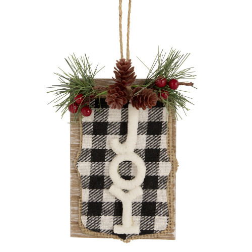 4.75" Black and White Buffalo Plaid "Joy" Pinecone Christmas Sign Ornament - IMAGE 1