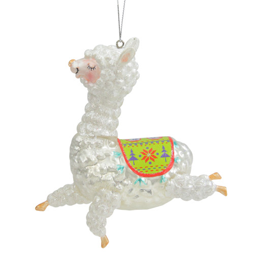 5" White and Green Glittered Regal Jumping Llama Glass Christmas Ornament - IMAGE 1