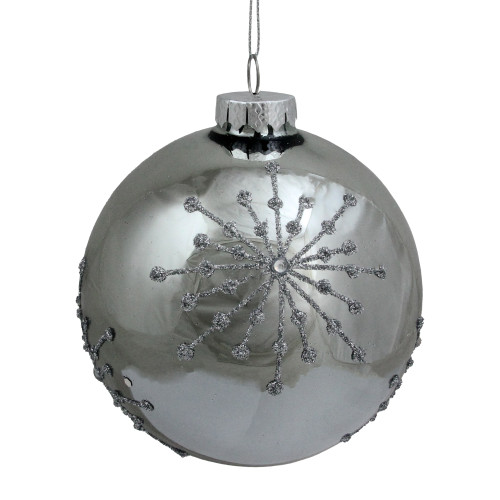 Shiny Silver Mirrored with Glitter Snowflakes Christmas Ball Ornament 4" (101mm) - IMAGE 1