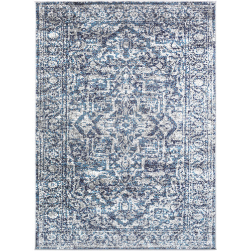 6'7" x 9' Mandala Pattern Navy Blue and Light Gray Machine Woven Area Rug - IMAGE 1