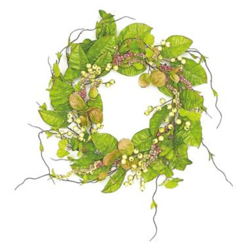 Mixed Foliages with Berries Artificial Spring Floral Wreath, Green and Pink 24-Inch - IMAGE 1