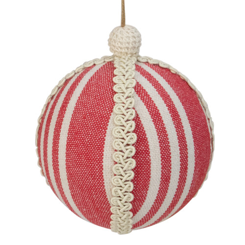 4.75" Red and White Striped Ball Christmas Ornament with Rope Accent - IMAGE 1
