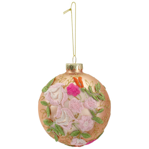 2-Finish Pink Floral Applique Glass Christmas Ball Ornament 4" (100mm) - IMAGE 1