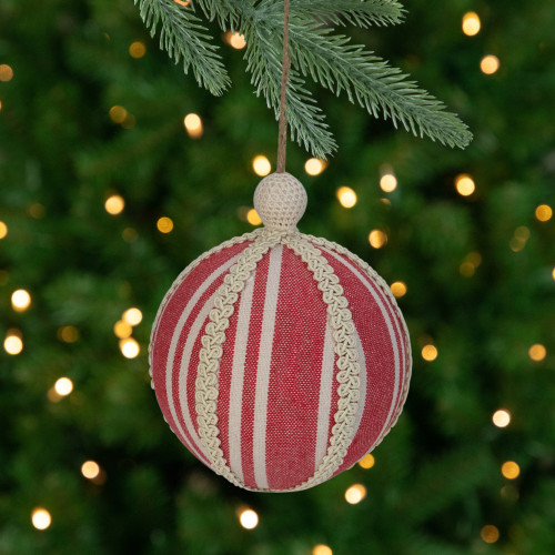Ribbon Striped Christmas Ball Ornament - 6" (170mm) - Red and Cream - IMAGE 1