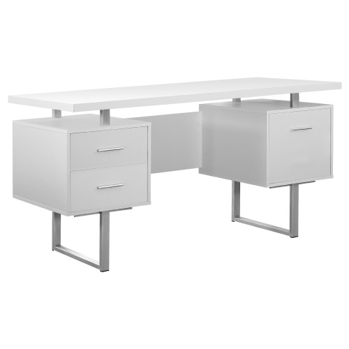 60" White and Silver Contemporary U-Shaped Computer Desk - IMAGE 1