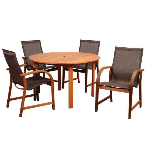 5-Piece Bahamas Ecualyptus Round Outdoor Patio Dining Set with Sling Chairs 45" - IMAGE 1