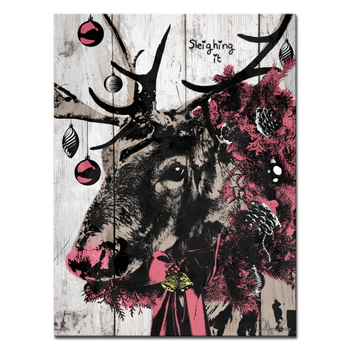 Black and Pink Christmas Reindeer Rectangular Wall Art Decor 16" x 12" - IMAGE 1