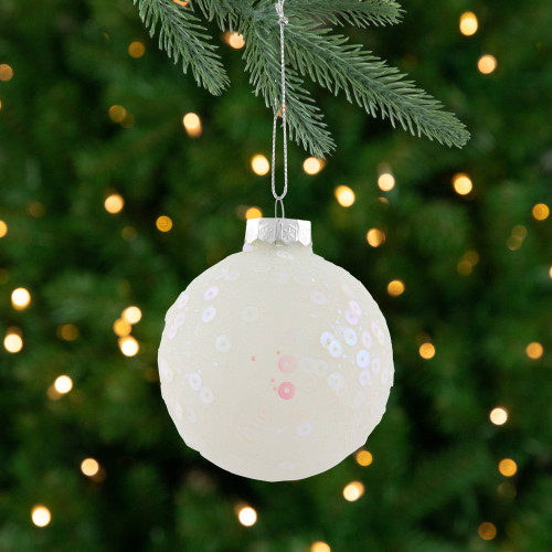 Frosted Sequined Christmas Ball Glass Ornaments - 2.75" (70mm) - White - 4ct - IMAGE 1