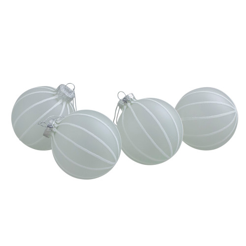 4ct Clear Frosted and White Glitter Striped Matte Glass Christmas Ball Ornaments 3.5" (90mm) - IMAGE 1
