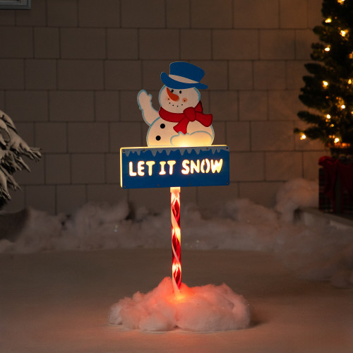 Lighted Snowman 'LET IT SNOW' Outdoor Christmas Lawn Stake Sign -28.5" - Clear Lights - IMAGE 1