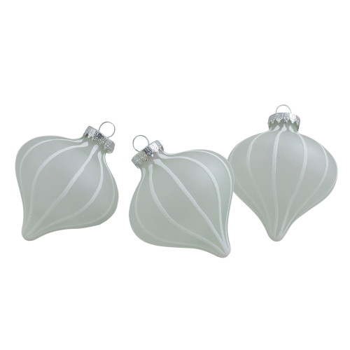 3ct Clear and White Matte Frosted Glitter Stripes Glass Christmas Onion Drop Ornaments 3.25" (75mm) - IMAGE 1