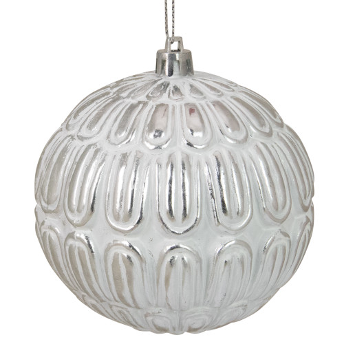 4" Distressed White and Silver Geometric Christmas Ball Ornament - IMAGE 1