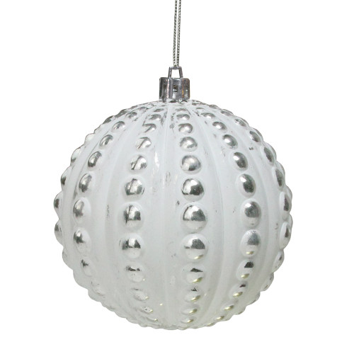 3.75" Matte White and Silver Distressed Beveled Beads Christmas Ball Ornament - IMAGE 1