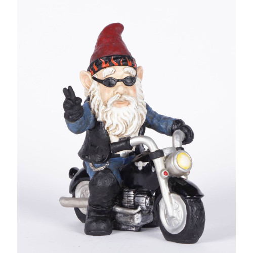 9.25" Biker Gnome Giving a Peace Sign Garden Statue - IMAGE 1