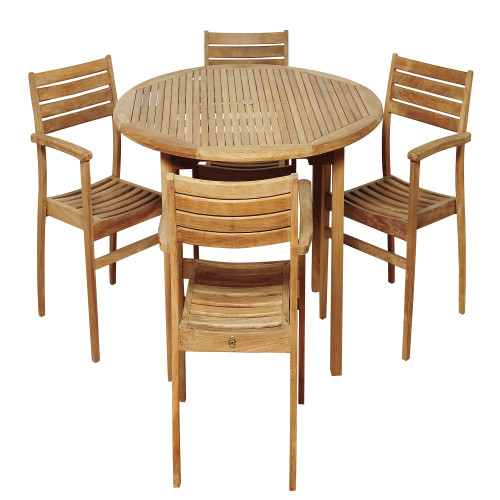 5-Piece Brown Alex Teak Round Outdoor Patio Dining Set 47" - IMAGE 1