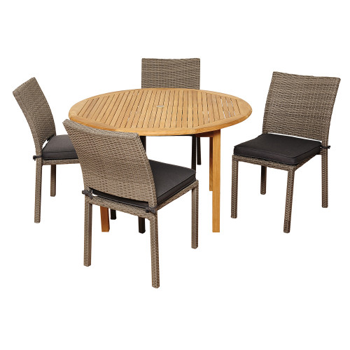 5-Piece Brown Anthony Teak Round Outdoor Patio Dining Set 47" - Gray Cushions - IMAGE 1