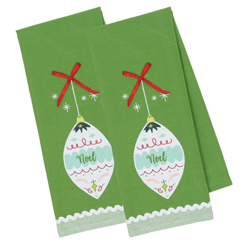 Set of 2 Green and White Noel Embellished Dishtowels 28" - IMAGE 1