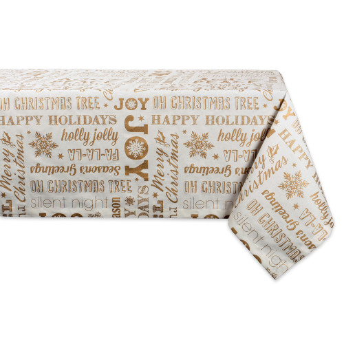 84" White and Gold Colored Christmas Holiday Theme Rectangular Tablecloth - IMAGE 1