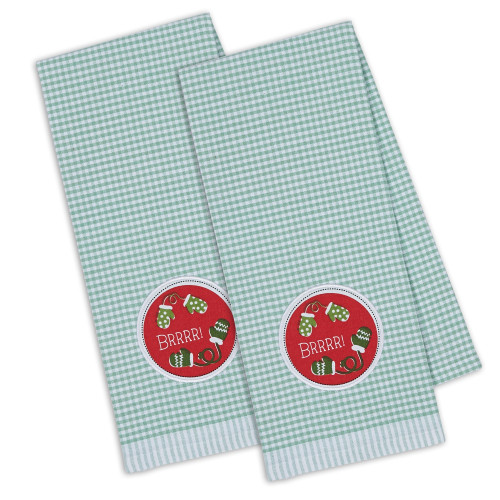 Set of 2 Green and Red Mittens Embellished Rectangular Dishtowels 28" - IMAGE 1
