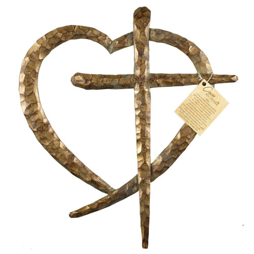 13.5" Brown Chiseled Texture Religious Wall Cross in a Heart - IMAGE 1