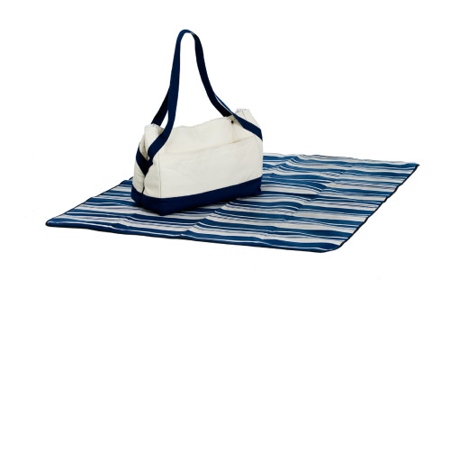 Set of 2 White and Navy Blue Acadia 4-Person Picnic Tote and Blanket - IMAGE 1