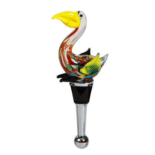 5" Yellow and Stainless Steel Handblown Glass Pelican Wine Bottle Stopper - IMAGE 1