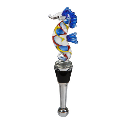 5" Clear and Blue Handblown Glass Sea Horse Wine Bottle Stopper - IMAGE 1