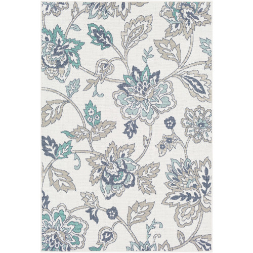 5.25' x 7.5' Blue and White Floral Rectangular Area Throw Rug - IMAGE 1